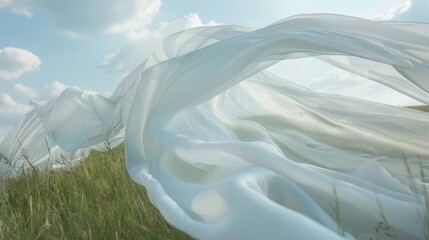 A white curtain blowing in the strong winds creating a sense of movement and lightness in the open field.