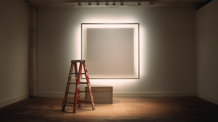 Empty Art Gallery Interior with Ladder and Framed Artwork Installation 