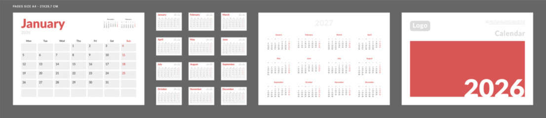 2026 Calendar Planner Set of Template grid Monthly Page, Cover with Place for Photo, Company Logo, Annual 2027. Vector layout of wall or desk organizer calend with week start Monday in print. Pages A4