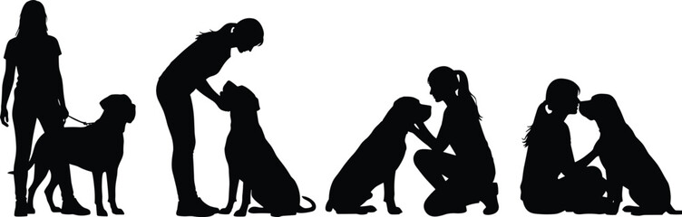 Woman with dog silhouettes vector illustration, pet care and human animal bonding scenes, training walking sitting affection moments, minimalist black and white design