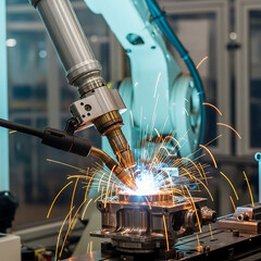 Macro view of an industrial robot welding metal with sparks