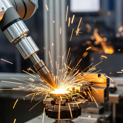 Macro view of an industrial robot welding metal with sparks