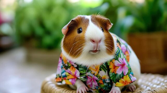 An adorable guinea pig wearing sunglasses and a flowered shirt with grass on the ground behind it.