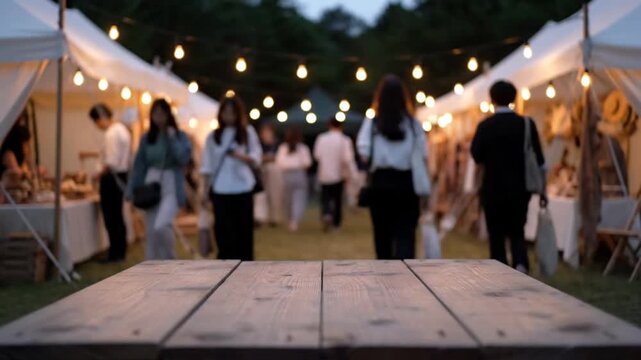 An empty rustic wooden table with a blurred outdoor market and string lights behind.