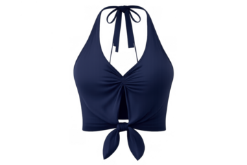 Navy blue halter crop top with tie knot showing summer fashion swimwear apparel on transparent background
