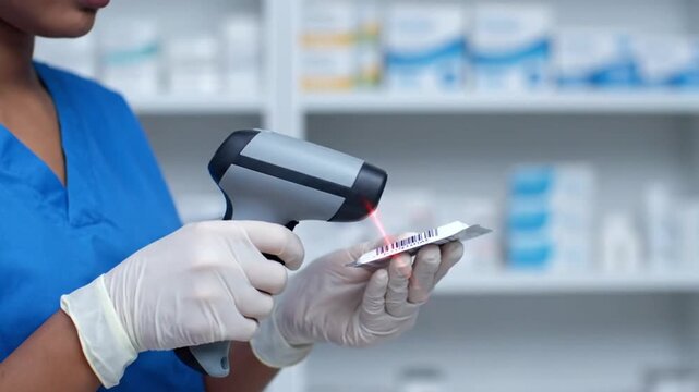 A medical professional uses a barcode scanner to process medication in a pharmacy.