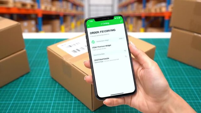 A hand holds a smartphone displaying a virtual warehouse and scanning a package barcode. - Powered by Adobe