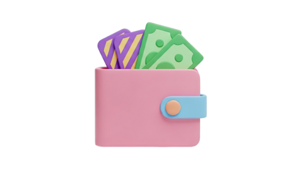 3D Pink Wallet with Cash and Cards