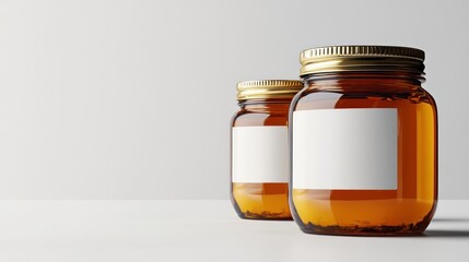 Two amber glass Page jars with blank labels on a white surface viewed from the front