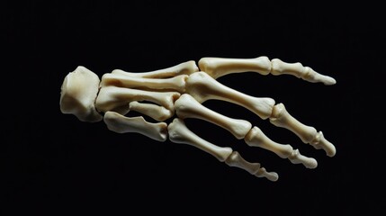 A detailed view of a human foot skeleton against a dark background