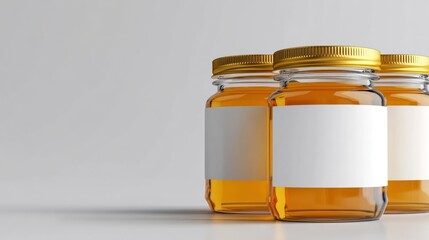 Three glass jars with golden lids and blank labels on a white surface, viewed from the front.