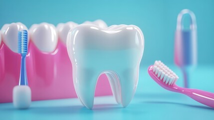 A large white tooth stands prominently on a blue surface with toothbrushes nearby