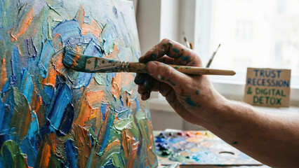 Person returns to analog painting with trust in nature during digital detox to overcome recession and find creative peace