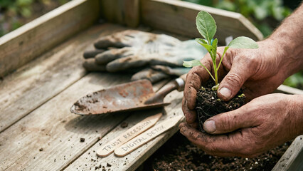 Trust recession digital detox return to analog nature inspires hands planting seedling in soil for growth and renewal in garden setting