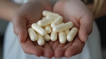 A person holding a handful of white capsules in their hands
