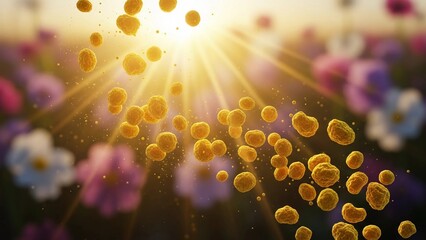 Golden Pollen Grains Floating in Sunny Spring Garden Atmosphere for Seasonal Allergy and Hay Fever Concept