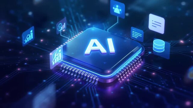 Futuristic AI Chip Technology, Digital Interface, Data Connectivity, Concept Illustration, Isometric, Artificial Intelligence