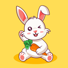 Obraz premium Cheerful White Bunny Sitting Holding a Carrot and Winking Vector Illustration Cartoon Design Kawaii