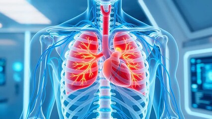 Human lungs highlighted in a futuristic medical scan with glowing blue skeleton and internal details visible - Powered by Adobe