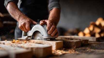 Skilled hands operating a circular saw on wooden planks.