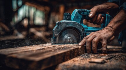 Close-up of a person's hands using a circular saw to cut wood.