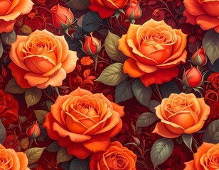 Vibrant, repeated pattern of orange roses and buds set against a deep red floral backdrop with lush green leaves
