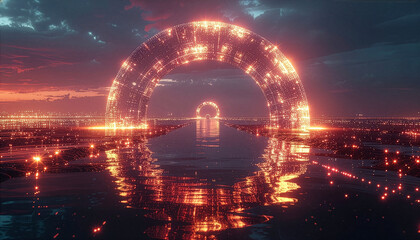 Futuristic glowing archways reflecting on a serene water surface under a dramatic sunset sky, creating a sci-fi landscape.