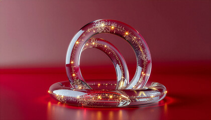 Abstract intertwining glass rings glowing with golden light, symbolizing connection and advanced data flow in a futuristic technological network
