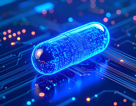 A blue capsule on a digital circuit background, featuring glowing data patterns, representing technology, healthcare, innovation, and pharmaceuticals. - Powered by Adobe