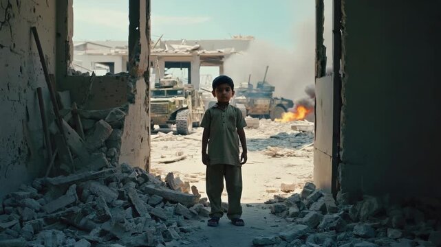 A young boy stands amidst the devastation of a war-torn area, with ruined buildings and debris surrounding him.