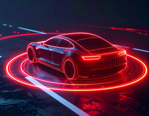 A futuristic wireframe car illuminated by red light in a dark environment, showcasing modern design and technology, ideal for automotive and innovation concepts.