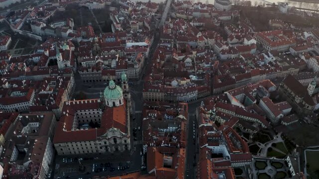 Aerial Drone View of Charles Bridge and Prague Old Town at Sunrise, 4K