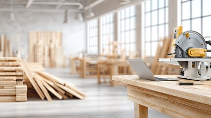 Wooden workshop interior with tools and lumber.
