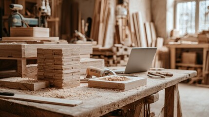 Stacked wood planks and sawdust on a workbench in a carpentry workshop.