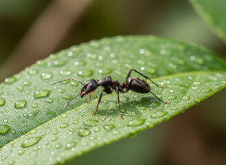 Naklejka premium Ant on a Dewy Leaf