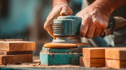 Hands operating a power sander on wooden planks.