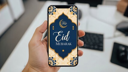 Eid Mubarak Greeting Card Design on Smartphone in Modern Workspace