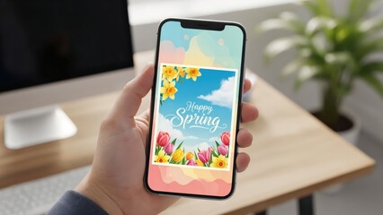Colorful Spring Phone Wallpaper Displayed on Smartphone in Hand with Vibrant Flowers and Nature Theme