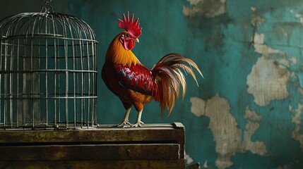 Rooster's Freedom: A Majestic Cock on a Rustic Wooden Box Near an Empty Cage Against a Weathered Teal Wall
