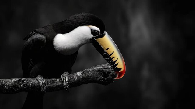 A toucan perched on a branch, black and white background with colorful beak.