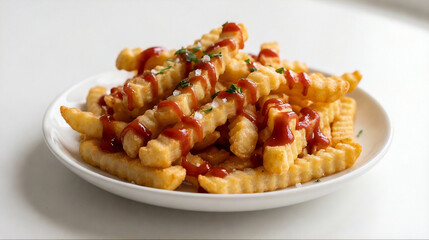 French fries lightly drizzled with ketchup isolated on a white background