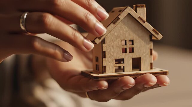 Hands cradle small model of house, symbolizing personal sanctuary, conveying importance of homeownership, highlighting sense of stability, security, and belonging, perfect for background footage.