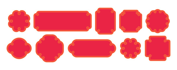 Chinese Frames with Gold Border Patterns. Oriental Logo Element Design. Vector Simple Red China Labels with Ornamented Frames.