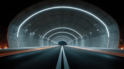 Modern Concrete Tunnel with Bright Neon Lights and Empty Roadway