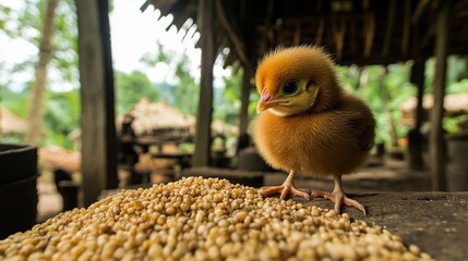 Adorable Fluffy Chick on Grain