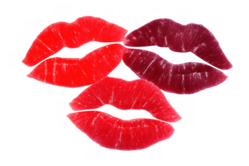 Red and maroon lipstick lip prints representing sensual love, passion, and beauty, transparent background