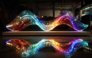 Abstract LED Light Sculpture with Reflections in a Dark Environment