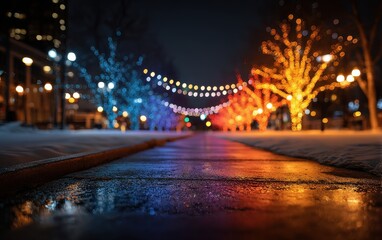 Winter Night Pathway with Colorful Lights and Snowy Landscape