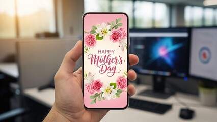 Happy Mother's Day Celebration Decor on Smartphone in Modern Office Setting with Floral Design