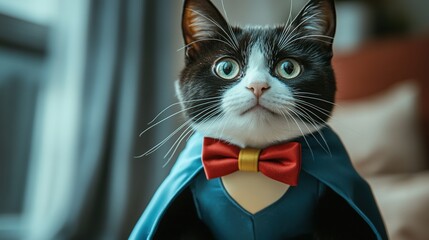 Magnificent tuxedo cat in a superhero costume